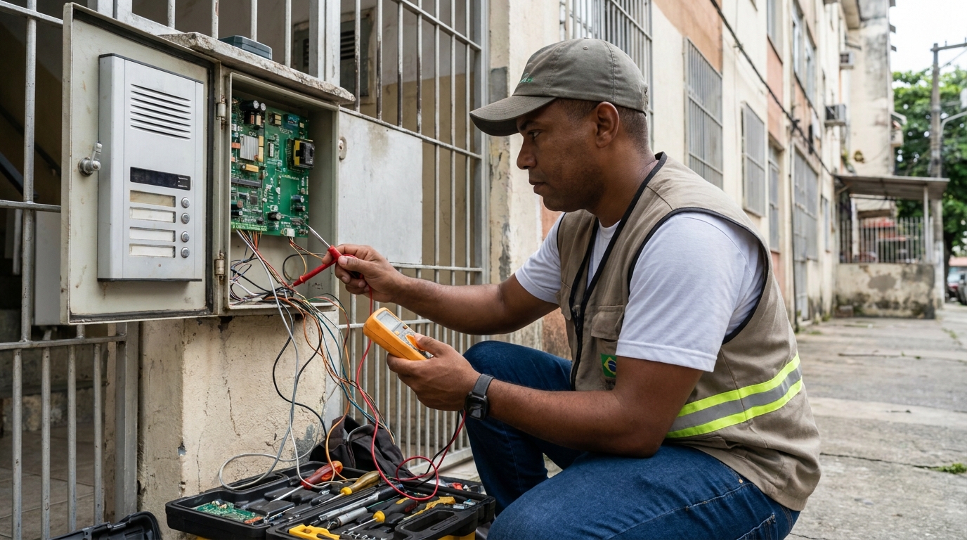 Eletricista consertando interfone em Porto Velho‑RO