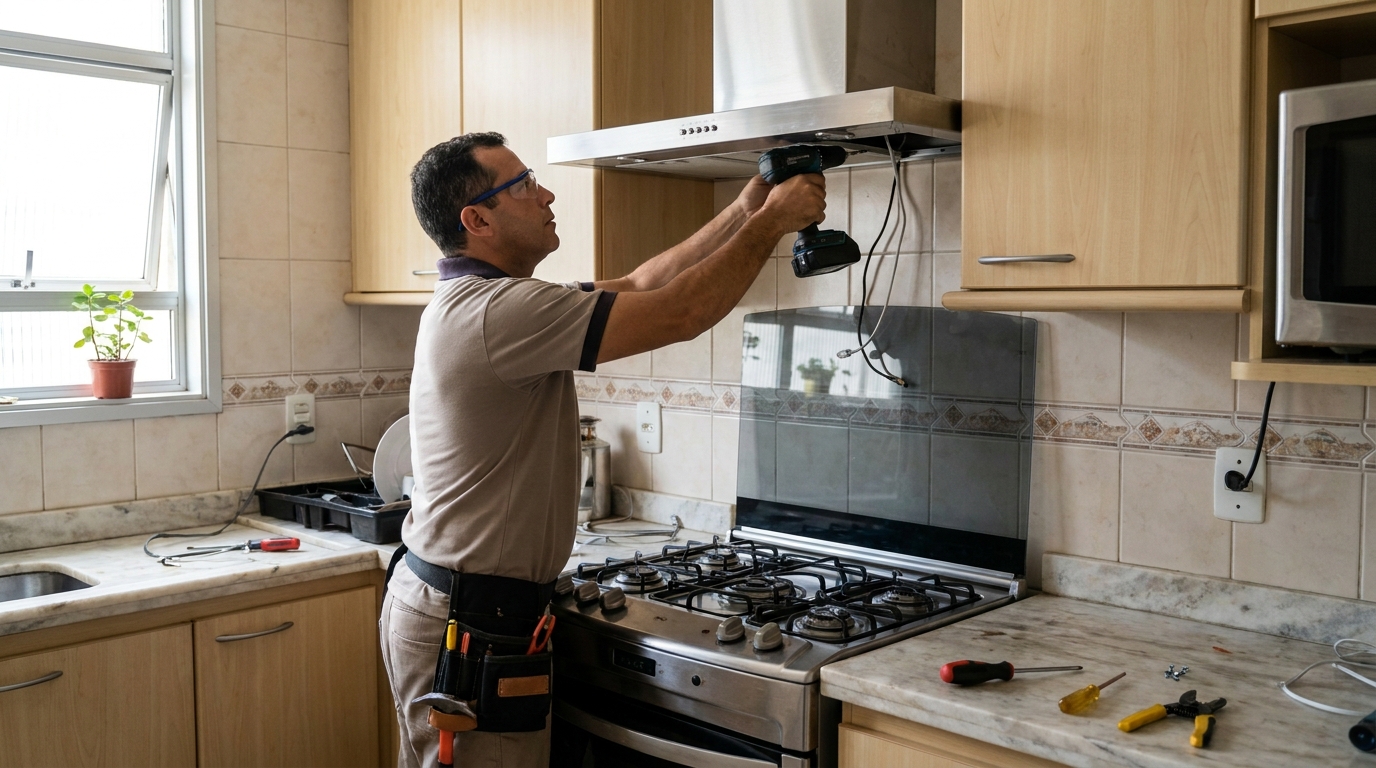 Eletricista instalando coifa em Porto Velho‑RO
